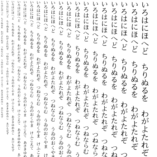 Specimen for HanaMinA Regular (Hiragana script).