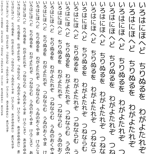 Specimen for M+ 1c regular (Hiragana script).