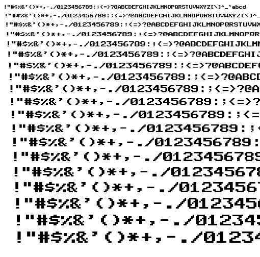 Specimen for Mx437 Sharp PC3K Regular (Hiragana script).