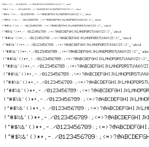 Specimen for Mx437 Tandy2K Regular (Hiragana script).