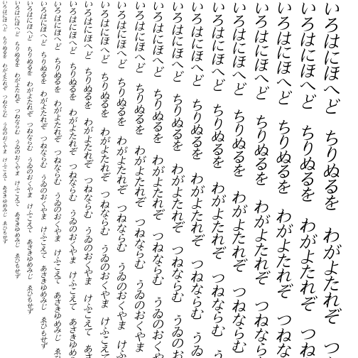 Specimen for Kurinto TMod Italic (Hiragana script).