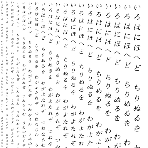 Specimen for Kurinto Type SemiWide Italic (Hiragana script).