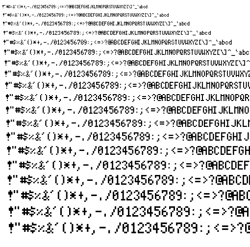 Specimen for Mx437 EverexME 5x8 Regular (Hiragana script).