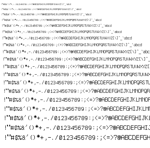 Specimen for Mx437 IBM Model3x Alt3 Regular (Hiragana script).