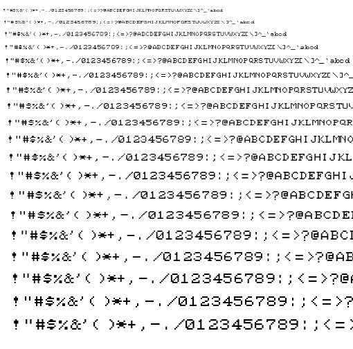 Specimen for Mx437 TelePC Regular (Hiragana script).