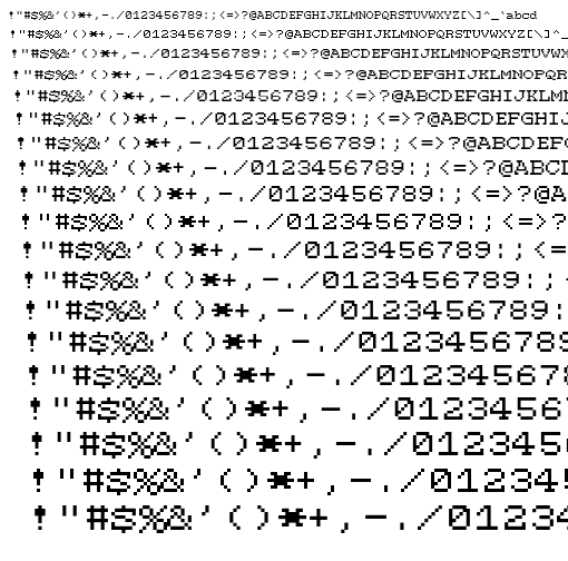 Specimen for Mx437 ToshibaTxL2 8x8 Regular (Hiragana script).