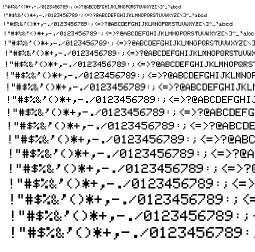 Specimen for Mx437 TsengEVA 132 6x8 Regular (Hiragana script).