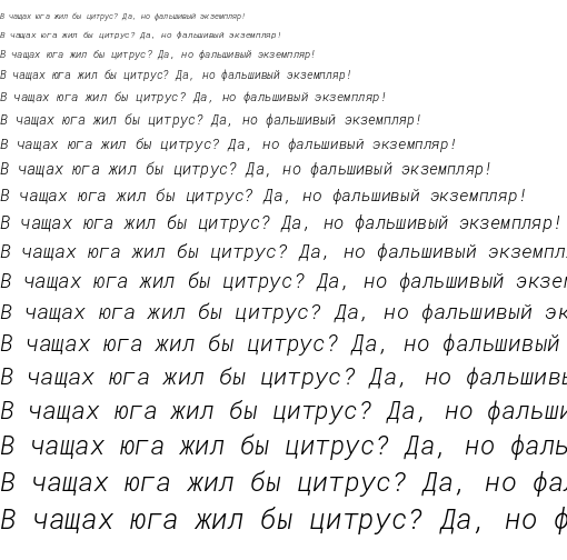 Specimen for Roboto Mono Light Italic (Cyrillic script).